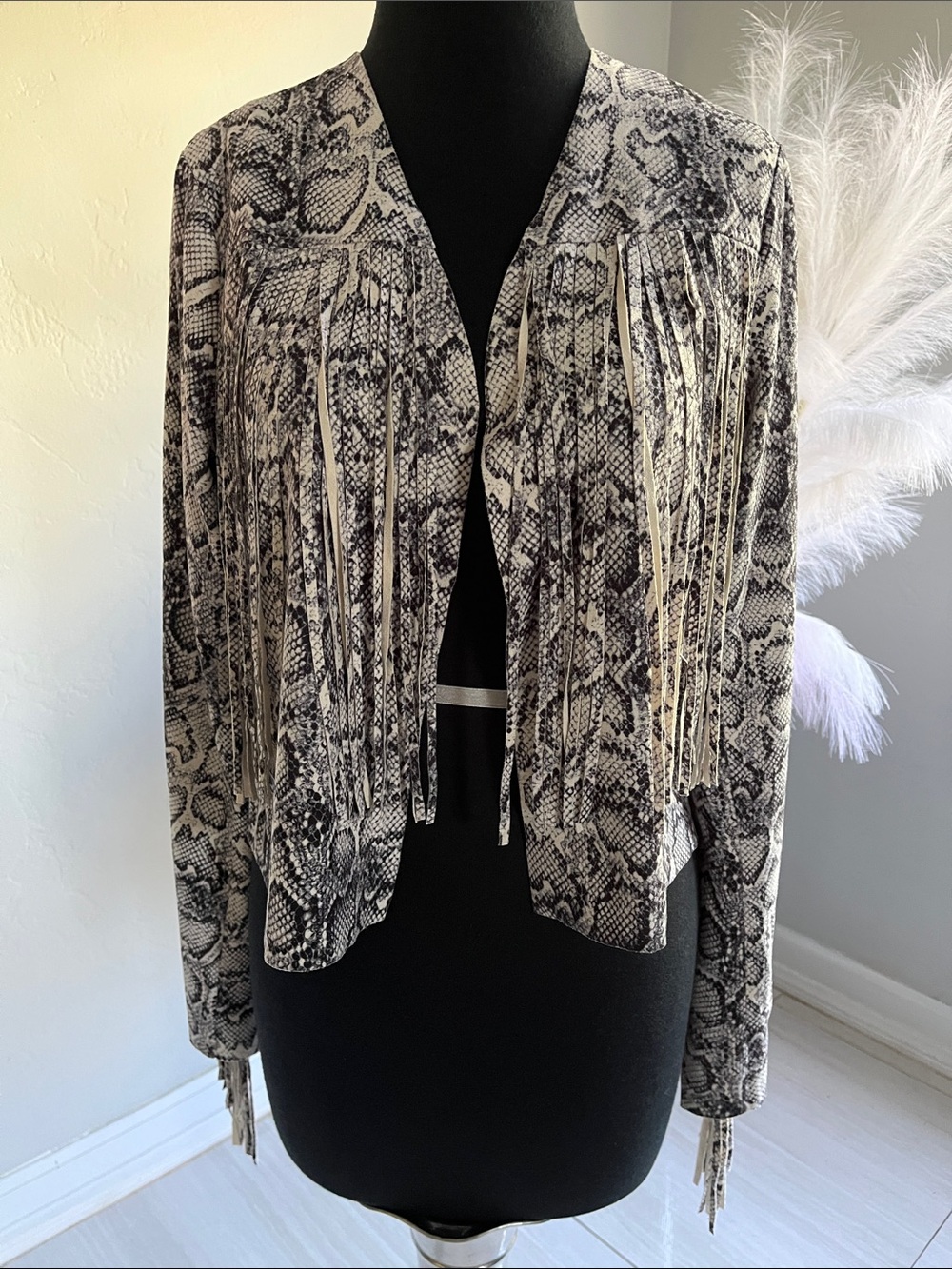 Vocal Snake Print Fringe Jacket - Black & Cream
